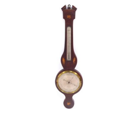 A Georgian mahogany wheel barometer, by B Corti of Glasgow, with silvered dial, with thermometer, the case with broken arch p