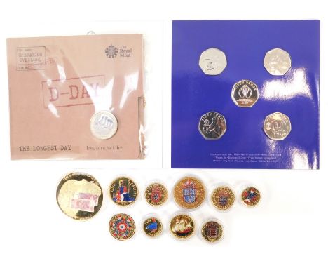 An ICC Cricket World Cup England and Wales official fifty pence coin collection 2019, Royal Mint The Longest Day D-Day two po