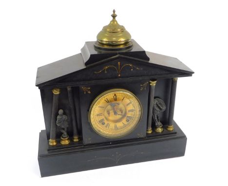 A Victorian slate mantel clock, circular brass dial with visible brocot escapement, chapter ring bearing Roman numerals, Anso