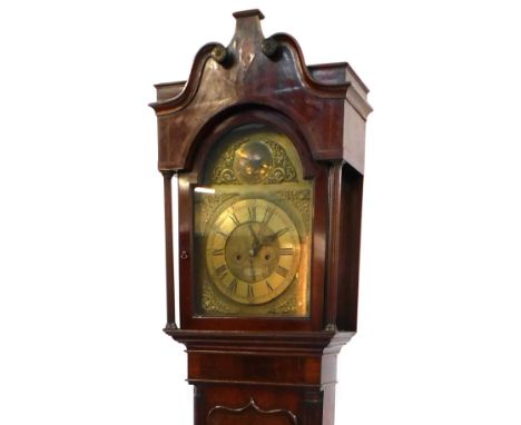 A Georgian oak and mahogany long case clock, the brass break arch dial with Tempus Fugit circular plaque, dolphin and vase sp