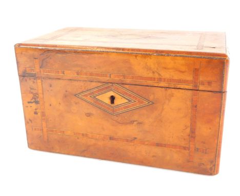 A Victorian walnut and satinwood banded tea caddy, of rectangular section, the hinged lid opening to reveal twin lead lined c