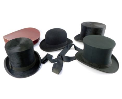 An Army and Navy Cooperative Company black silk top hat, a Mbakers of London opera hat, boxed, Dunn and Company of London bla