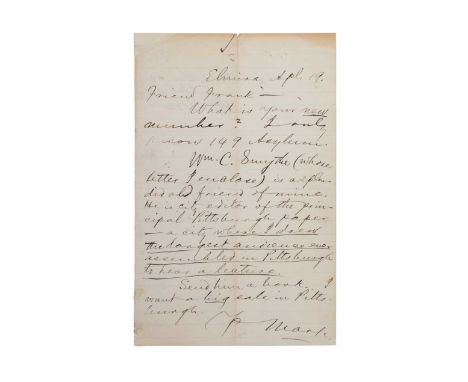 Mark Twain one page letter boldly written and clearly signed. Dated April 19, 1872 in Elmira NY and is a letter to his dear f