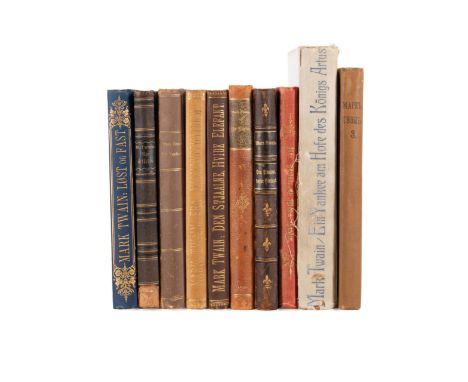 Ten volumes of foreign language editions of Mark Twain, some first editions. Ein Yankee Am Hote des Konigs Artus by Mark Twai