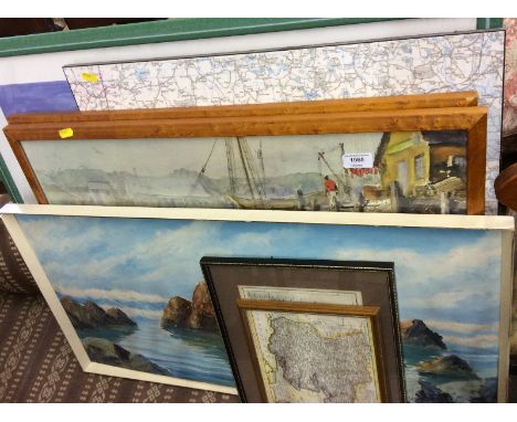 A pair of maple framed prints depicting boats; an oil on board study of a seascape; various maps etc.