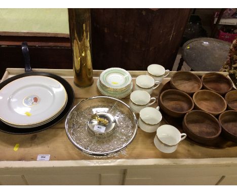 A brass shell case; a quantity of wooden finger bowls;  Paragon "Kensington" patterned tea cups and saucers; a frying pan; Ph