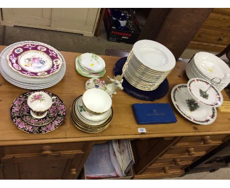 A Victorian Spode floral decorated cabinet plate; a two tier cake stand; a quantity of Elizabethan gilt decorated soup bowls;