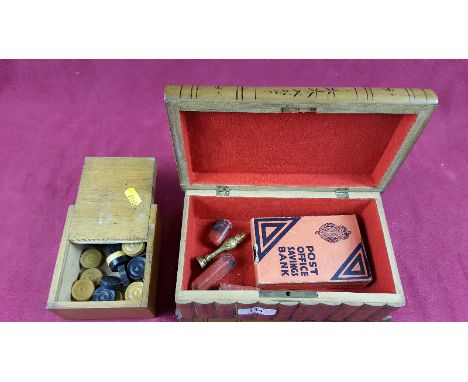 A Sorrento ware trinket box together with a box of draught pieces; a Post Office Saving Bank and a 19th Century brass seal