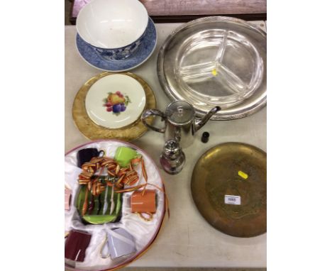 A silver plated hors d' oeuvres dish; a silver plated sugar sifter; a boxed coffee set; a Royal Bonn blue and white bowl etc.