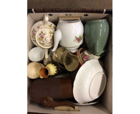 Two boxes containing floral decorated chamber pots; a terracotta thermometer and various sundry china