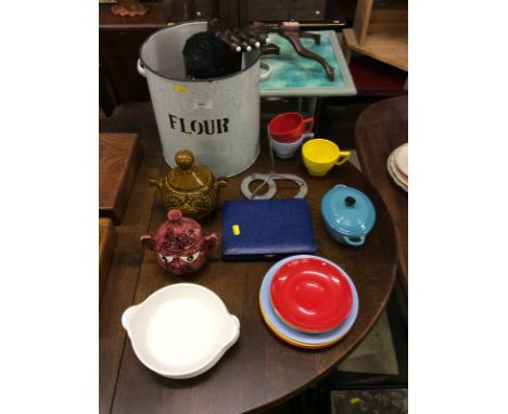 An enamel flour bin; two preserve pots; four Le Creuset dishes etc. 