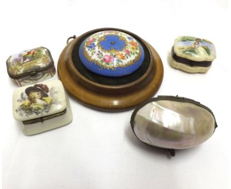 Two decorative Continental Small Trinket Boxes, the lids each decorated in colours with figures and scenes, one other decorat
