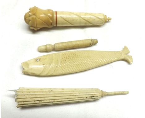 A Mixed Lot of Victorian Ivory/Bone items including Miniature Parasol Needle Holder (incomplete); a Bodkin Case with screw-on