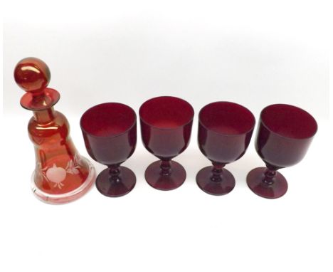 Mixed lot comprising four late 19th or early 20th Century Ruby glass Wines, together with a further small Cranberry Cut Glass