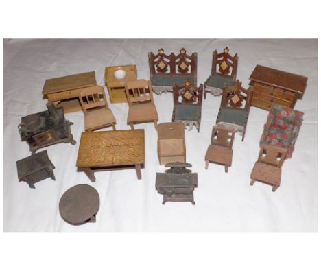 Mixed lot: various vintage wood and other Dolls House Furniture, includes washstands, chairs, range, fireplace, bath, small c