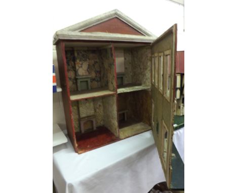 Vintage painted wood Dolls House, with full height opening front over two floors, four rooms within, each with fireplaces; th