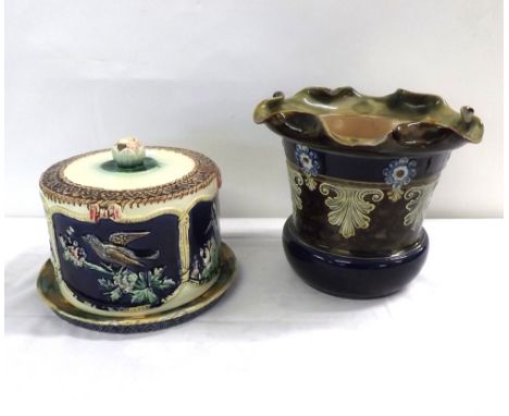 A Mixed Lot comprising: a 19th Century Majolica Cheese Bell, decorated with stylised foliage and birds; together with a large