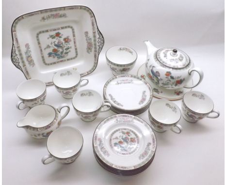 Wedgwood Kutani crane teaset, comprising teapot, milk jug, sugar basin, double handled sandwich plate, teapot stand and quant