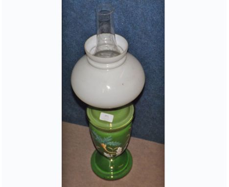A 19th Century Oil Lamp with clear glass chimney, opaque glass shade and green glass font and pedestal, 25  high  