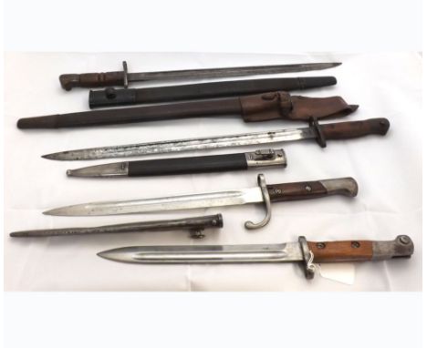 UK Pattern 1907 Bayonet Scabbard and Frog + Pattern 1913 Bayonet Remington Blade and Scabbard + two other Bayonets and Scabba