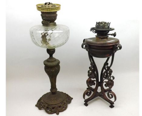 A Mixed Lot comprising: a 19th Century Oil Lamp with clear glass font and spreading brass foliate decorated base, together wi