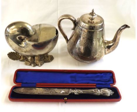 A Mixed Lot: Silver Plated Spoon Warmer formed as a Nautilus Shell; a Mappin Bros Silver Plated Teapot and cased Bread Knife,