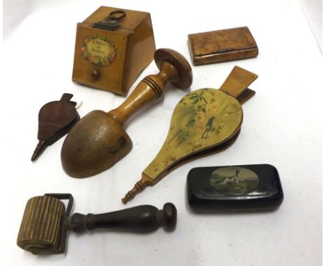 A Mixed Lot of various Treen includes: Ornamental Treen Coal Box and pair of matching Bellows, inscribed  A Present From Ball