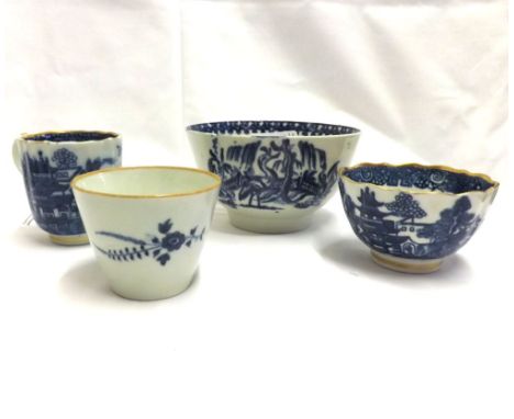 Mixed lot: comprising a 19th Century blue and white pedestal Bowl, small Caughley cup and two others, largest piece 4 =  wide