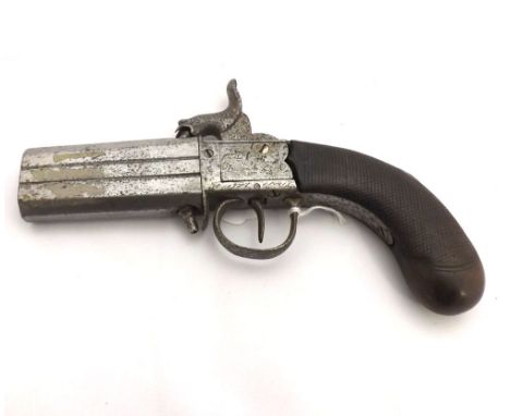 Vintage Over and Under Percussion Pistol, 3  octagonal barrels, engraved action, no makers mark,  Serpent  hammer, chequered 