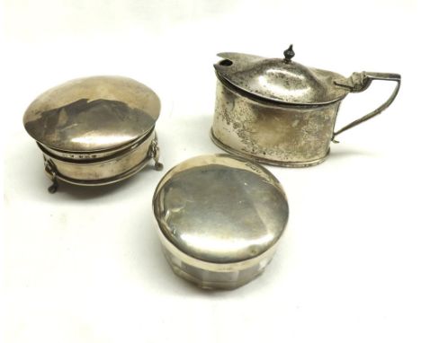 A Mixed Lot comprising: Silver Oval Lidded Mustard with blue glass liner; a small Silver Three Footed Dressing Table Trinket 