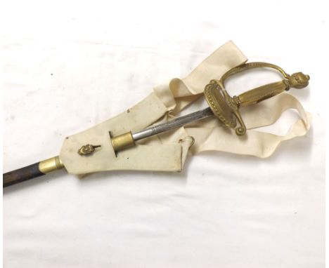 UK Court Sword, etched blade 31 >  by Wilkinson, brass hilt, shellguard and knucklebow, leather and brass scabbard  