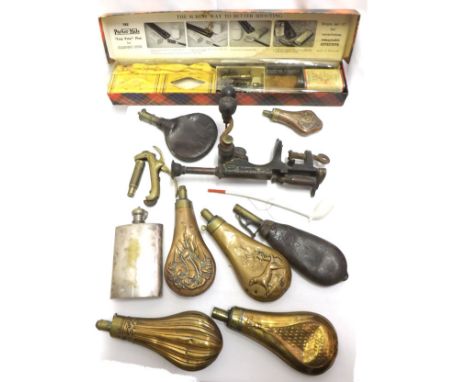 A Box of Mixed Items to include various Leather and Copper Powder Flasks, Parker-Hale Gun Cleaning Kit, Silver Plated Hip Fla