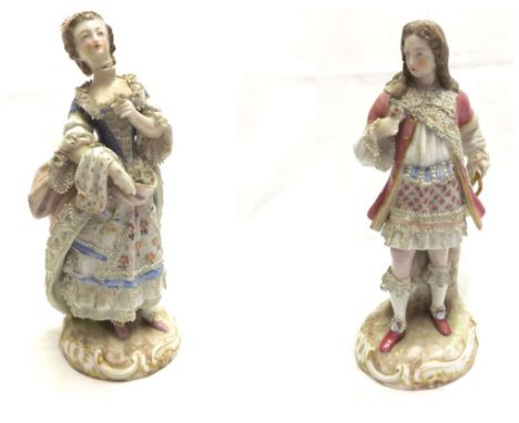 A pair of Continental Figures of a dandy in 18th Century costume and his female flower-seller companion, both painted in colo