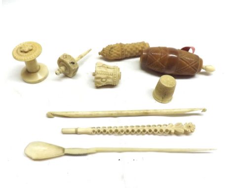 A Mixed Lot of various Bone and Ivory Items to include: small Containers, Thimble, Crochet Hooks and other items, largest pie