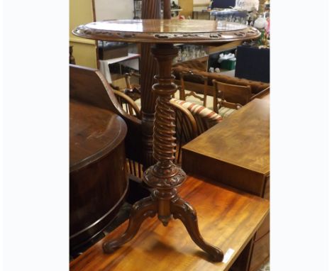 Victorian Walnut pedestal Wine Table, the round top with carved detail, raised on a spiral carved pedestal, tripod base, 21  