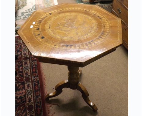 Unusual Victorian pedestal Table, the top inlaid with central design of birds amongst foliage and further rings of geometric 