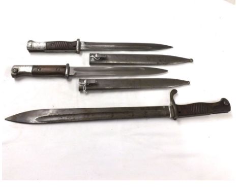 German model 1884/98 knife Bayonet, Kupper Solingen blade, with scabbard + model 1898/05 Bayonet + Third Reich K98 Bayonet an