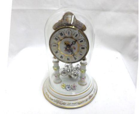 A modern Dresden Anniversary style Mantel Clock, domed glass cover, body decorated with floral and gilt detail, 9  high 