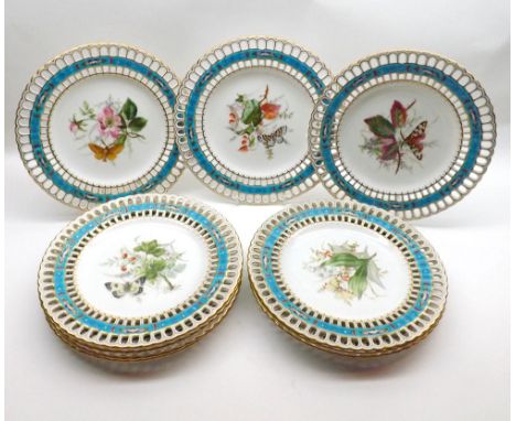 A set of ten 19th Century Minton Dessert Plates with pierced rims, the centres decorated with painted detail of various butte