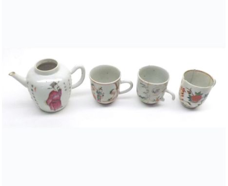 Collection of three Chinese export Coffee Cups (one with hairline crack, one with repairs and rim chip, the other with damage