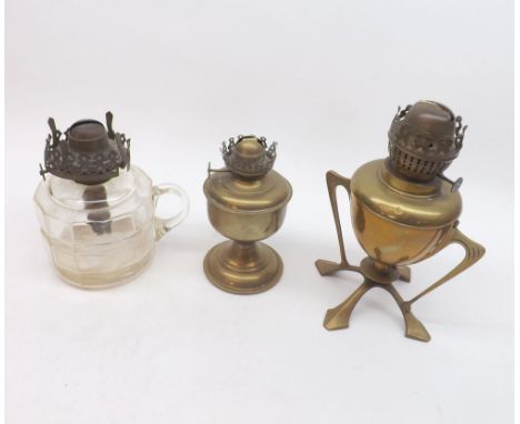 A Mixed Lot comprising: two late 19th or early 20th Century Brass Based Oil Lamp and a further Glass Based Chamber Oil Lamp, 