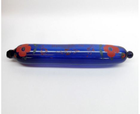 A 19th Century Bristol Blue glass novelty Rolling Pin with painted decoration, marked  Remember Me  to centre, 17  long 