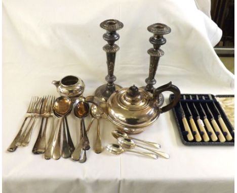 A Mixed Lot of various Silver Plated Wares to include pair of Candlesticks, Teapot and Cream Jug, various dates and makers 