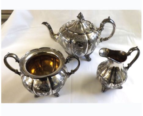 A Victorian EPBM Melon shaped Teapot with fluted and foliate engraved decoration comprising:  Teapot, two handled Sugar Bowl 