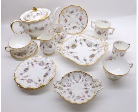 A quantity of Royal Crown Derby Royal Antoinette Table Wares, comprising Teapot, Cream Jug, Sugar Basin, Double-handled Mug, 