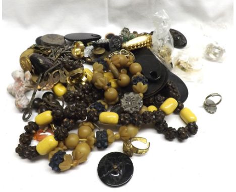 Box of assorted mixed items to include Oriental carved hardwood and ceramic bead necklace, vintage buckles, various brooches,