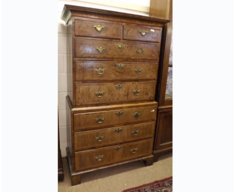 18th Century walnut chest on chest, moulded cornice over a body with two short and six long drawers, fitted with Brass handle
