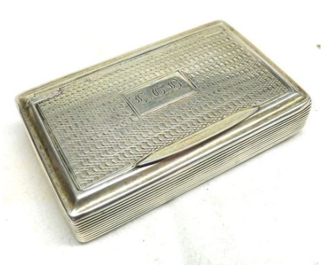 A George III Silver Snuff Box of rectangular form, fitted with hinged lid, body decorated with engine-turned detail, hallmark