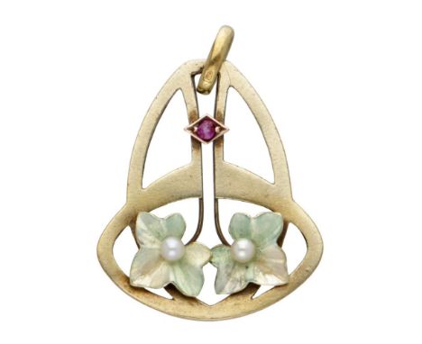 Hallmark: 585. Set with 2 pearls of approx. Ø 2.30 mm and a round faceted ruby of approx. 0.02 ct. The pendant features flora