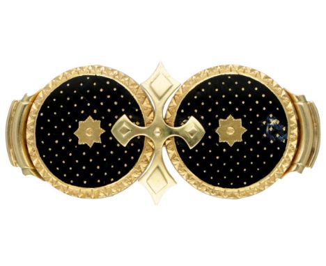 Hallmarks: 750. In antique condition, wear on the enamel. LxW: approx. 42 x 19 mm. Weight: 6.55 grams.